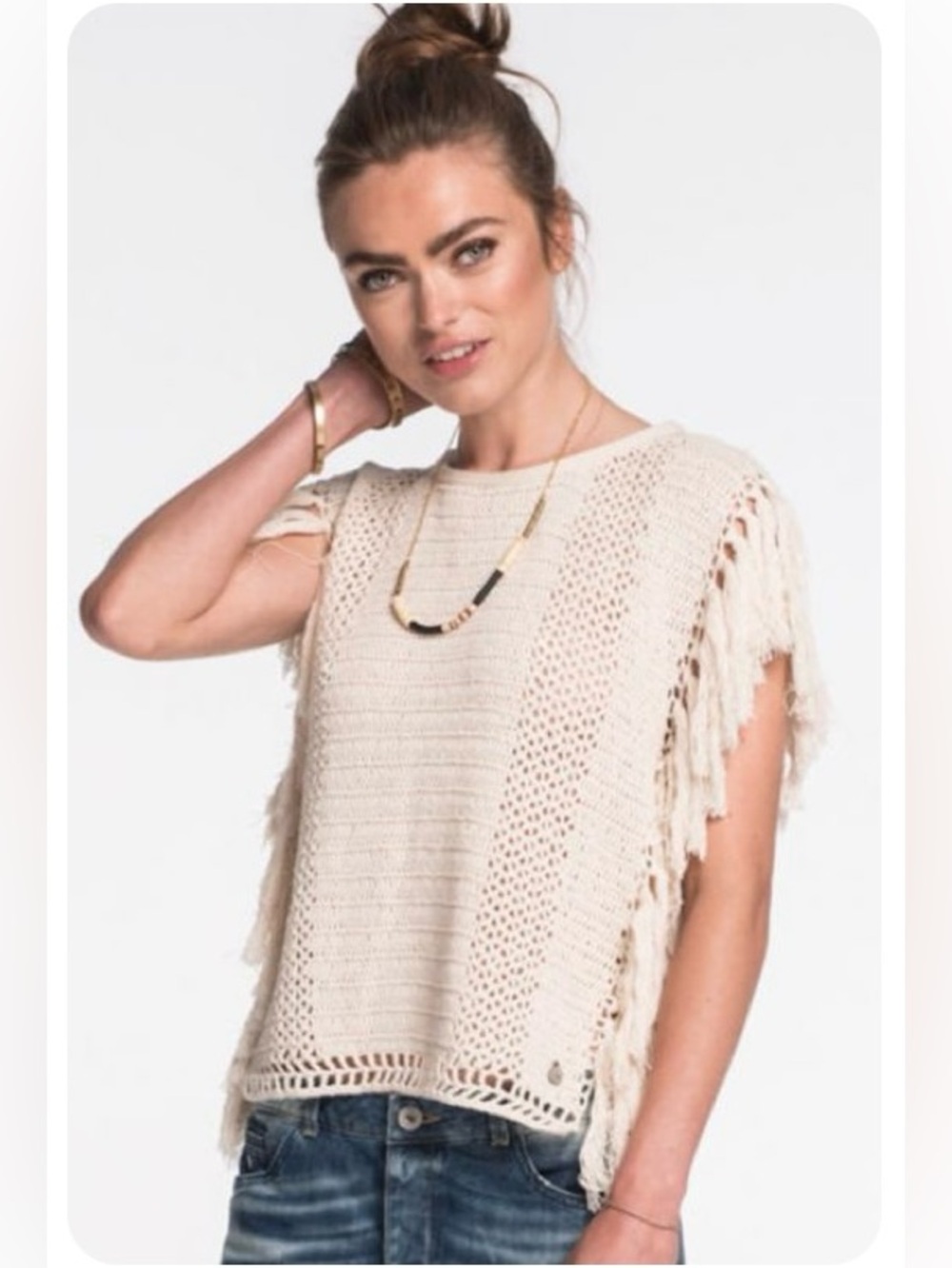 Maison Scotch Cream Crochet Fringe Knit Top